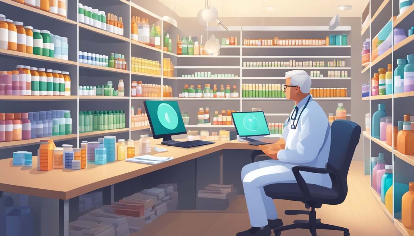 A healthcare professional sitting at a desk, surrounded by shelves of vitamin bottles and medical books, consulting with a patient about essential vitamin supplementation