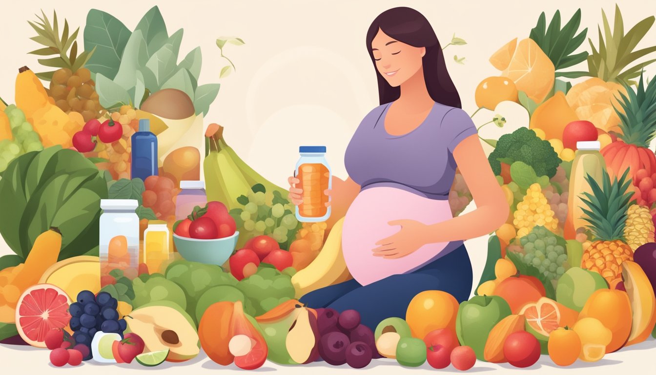 A pregnant woman holding a bottle of essential vitamin supplements, surrounded by a variety of healthy foods and fruits