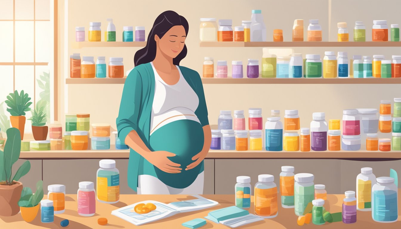 A pregnant woman standing in a bright, airy room, surrounded by various essential vitamin supplements neatly arranged on a table. A guidebook on healthy pregnancy is open nearby