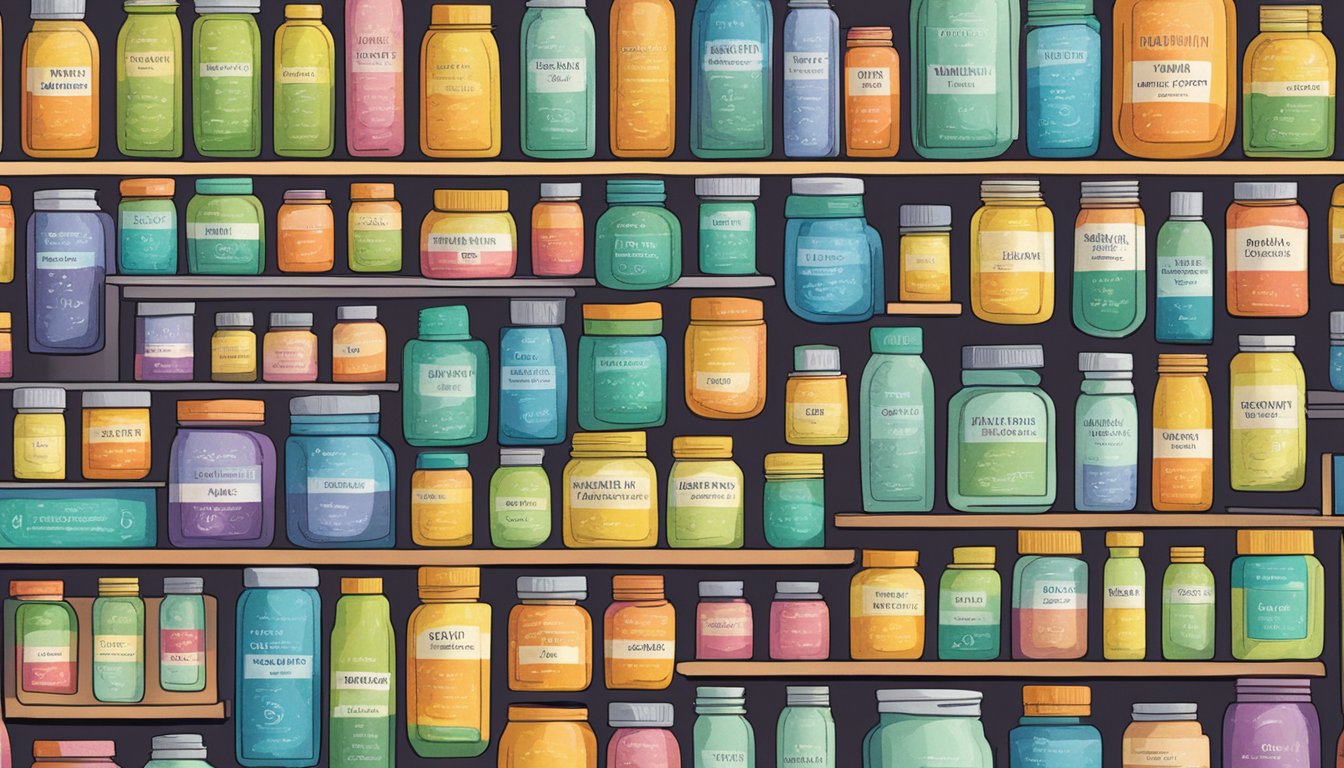 A variety of colorful vitamin supplement jars arranged neatly on a shelf, with a book titled "Making Informed Choices" placed next to them