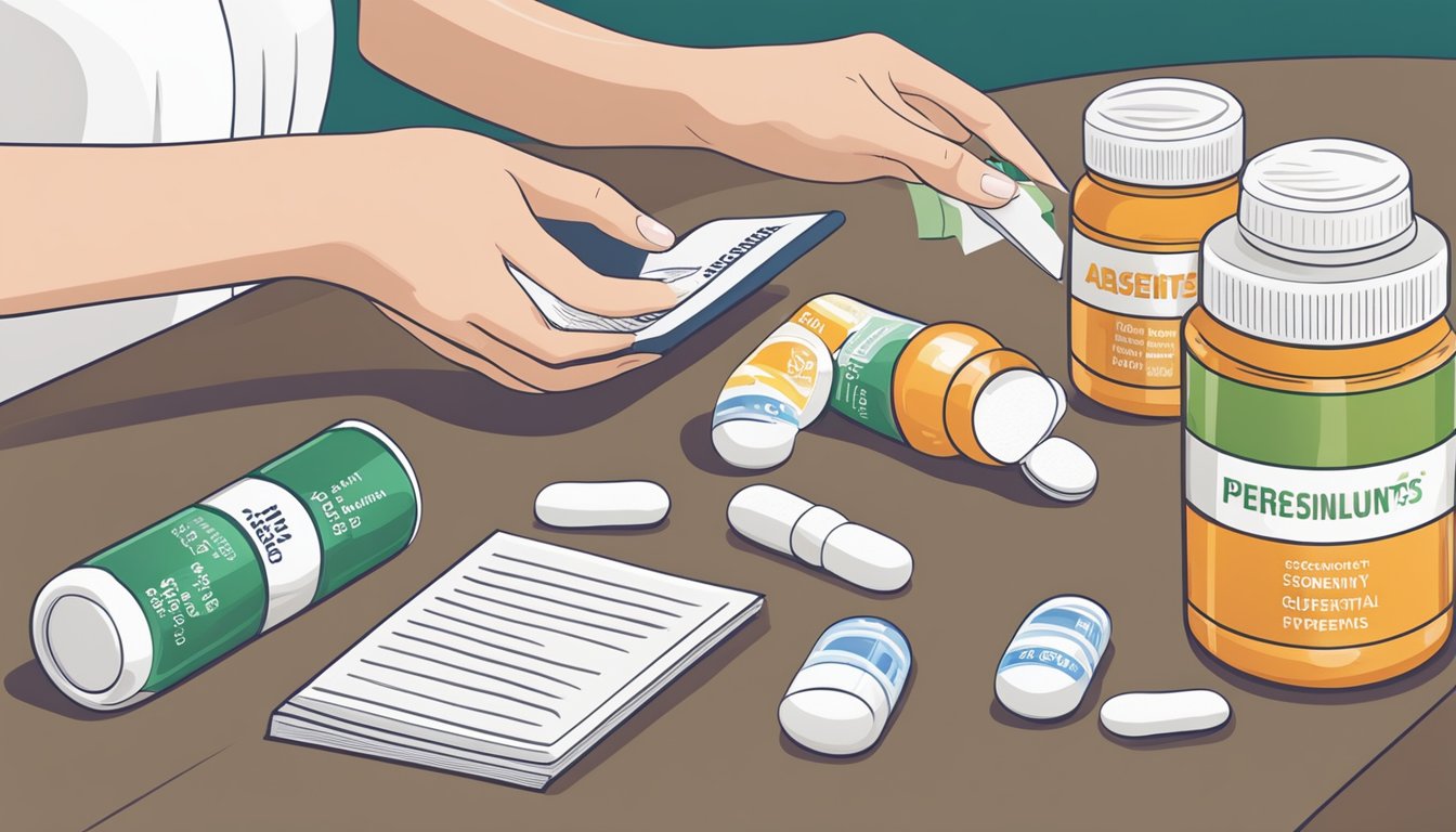 A pregnant woman's hand adjusting a variety of vitamin supplements on a table, with a guidebook open to a page about essential nutrients for a healthy pregnancy