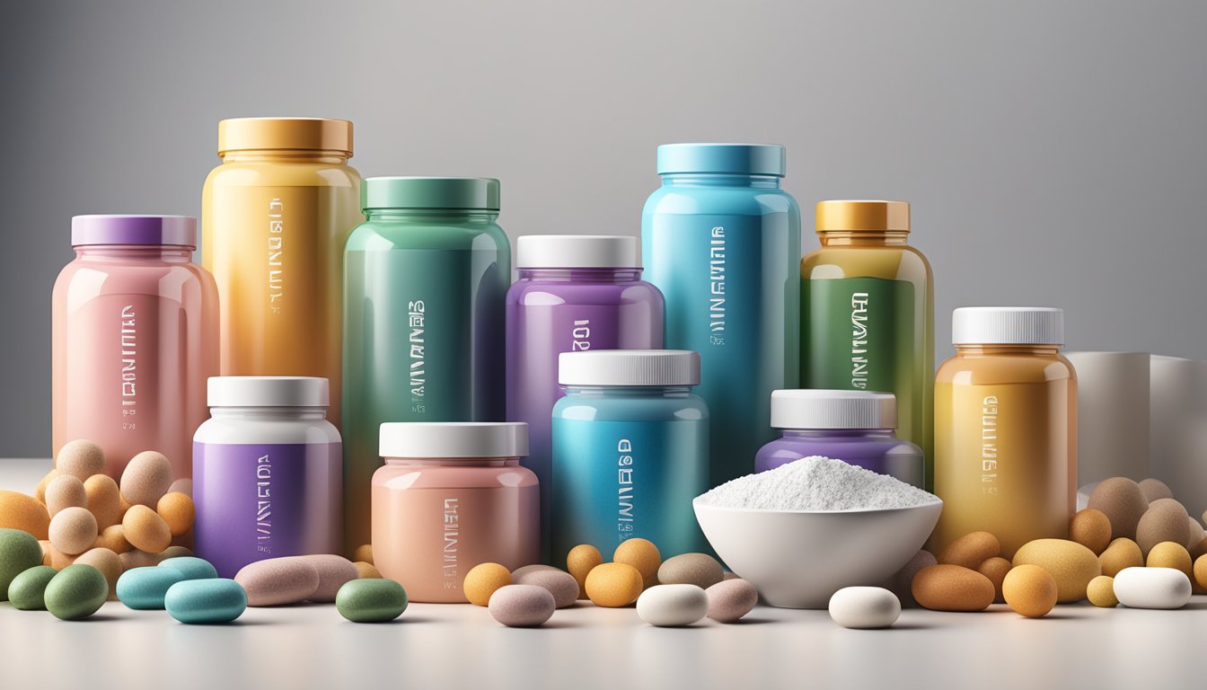 A variety of powdered vitamin supplements arranged neatly on a sleek, modern countertop with a minimalist backdrop