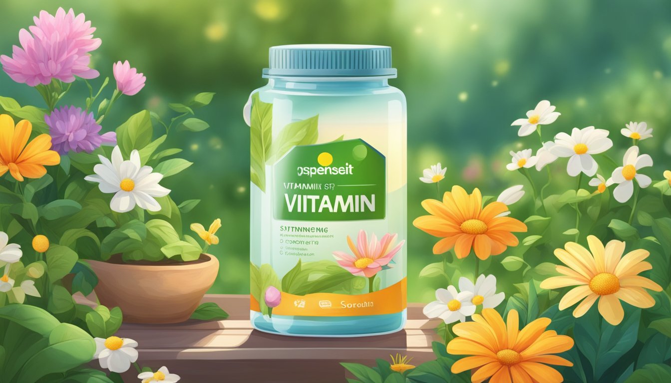 A serene, sunlit garden with vibrant greenery and blooming flowers, featuring a bottle of vitamin supplements surrounded by calm, soothing energy