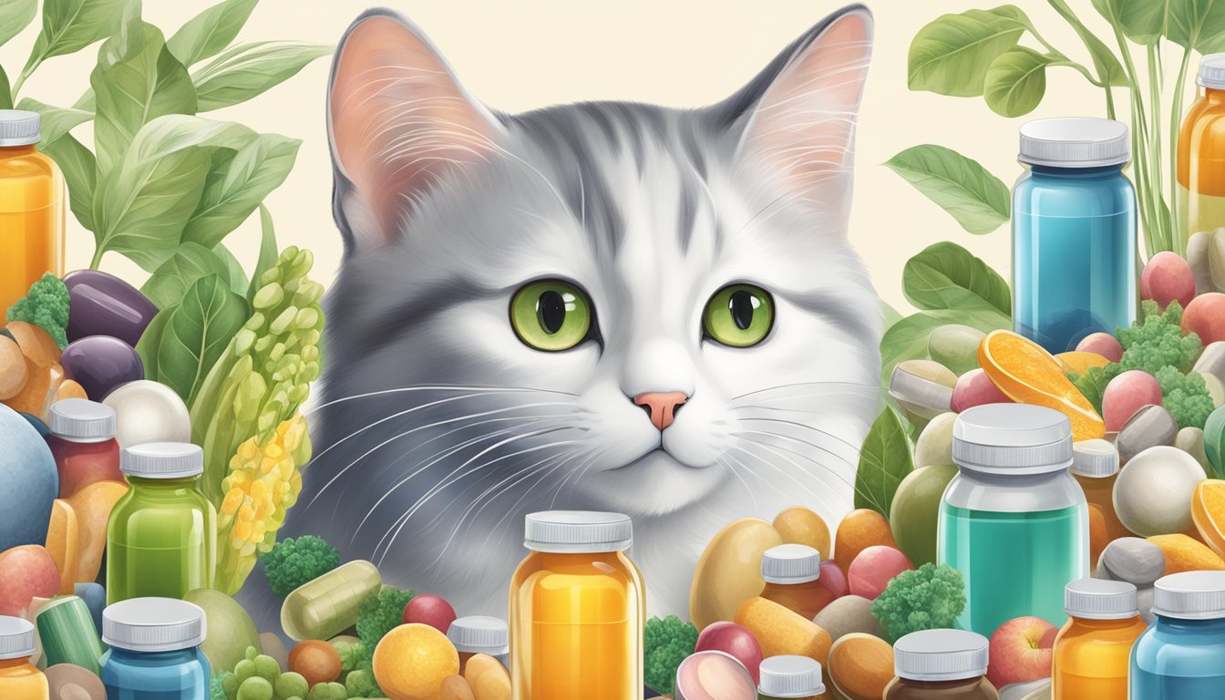 A cat surrounded by a variety of vitamin supplements, looking healthy and energetic