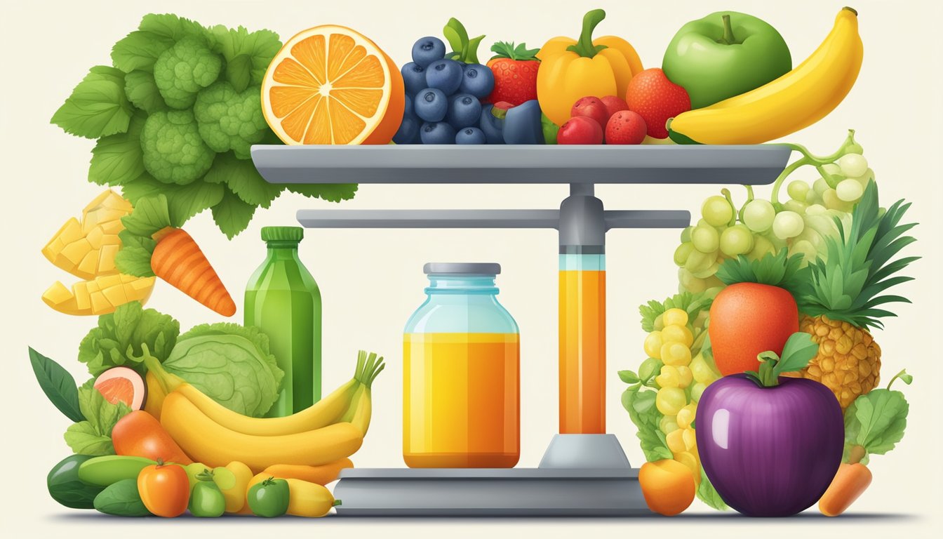 A colorful array of fruits, vegetables, and vitamin bottles stand in balance on a scale, symbolizing the harmony between whole foods and supplements for mental health