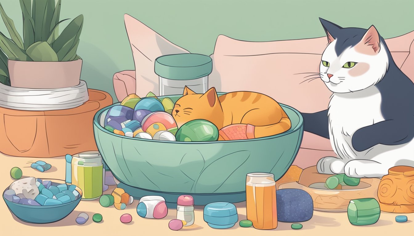 A cat happily eating from a bowl filled with essential vitamin supplements, surrounded by toys and a cozy bed