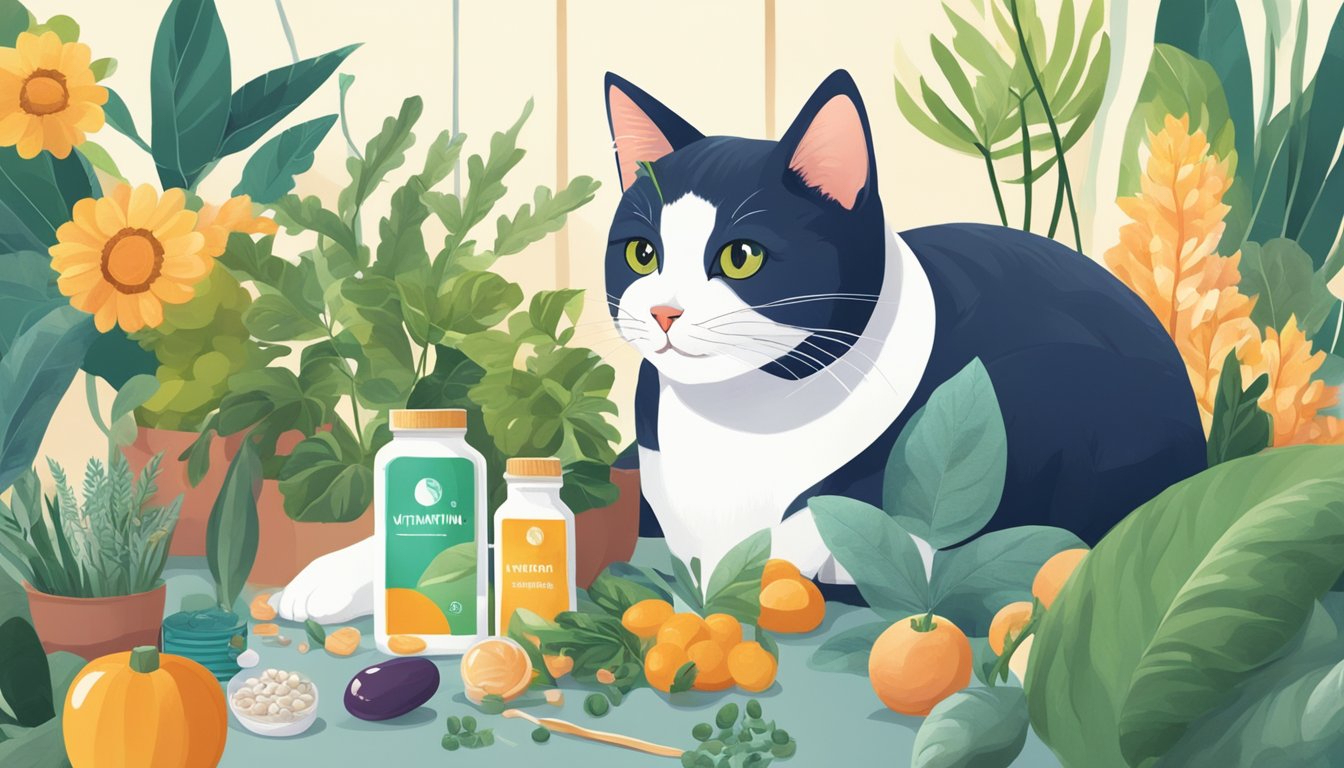 A cat happily playing with a bottle of vitamin supplements, surrounded by healthy and vibrant feline-friendly plants