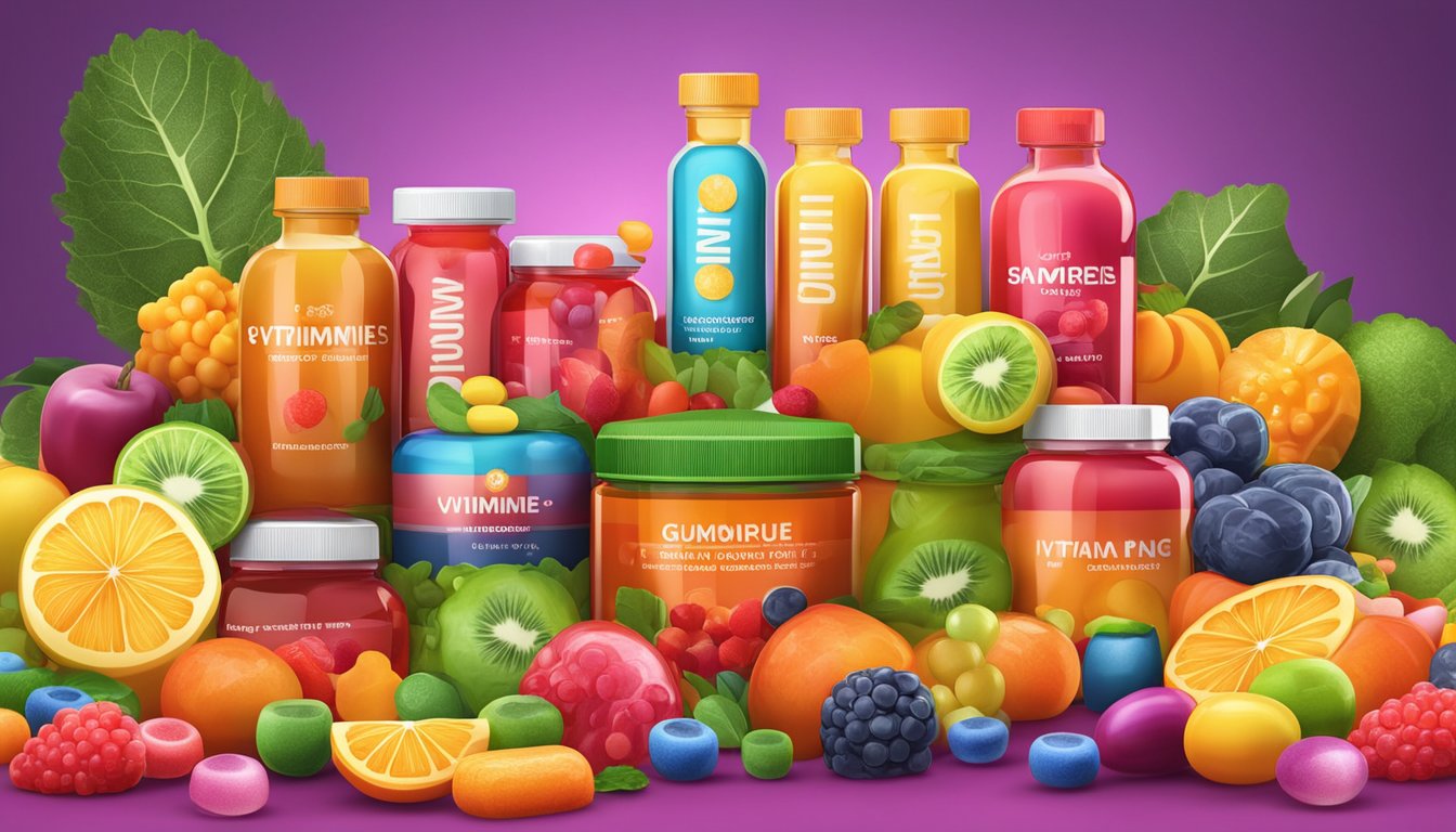 A colorful array of vitamin supplement gummies arranged in a vibrant and inviting display, surrounded by fresh fruits and vegetables