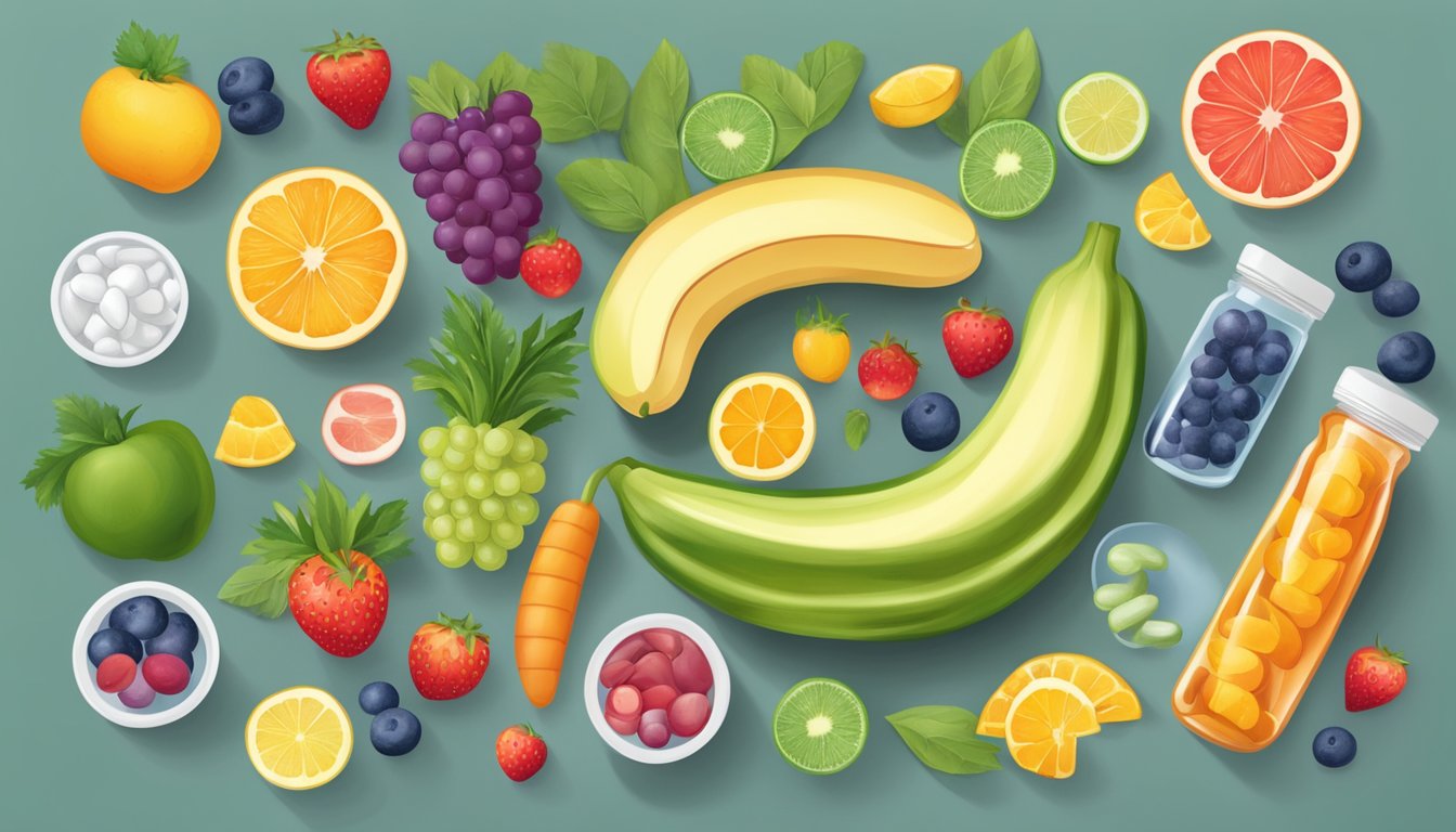 A colorful illustration of a healthy digestive system absorbing vitamins from various supplements, surrounded by fruits, vegetables, and a glass of water