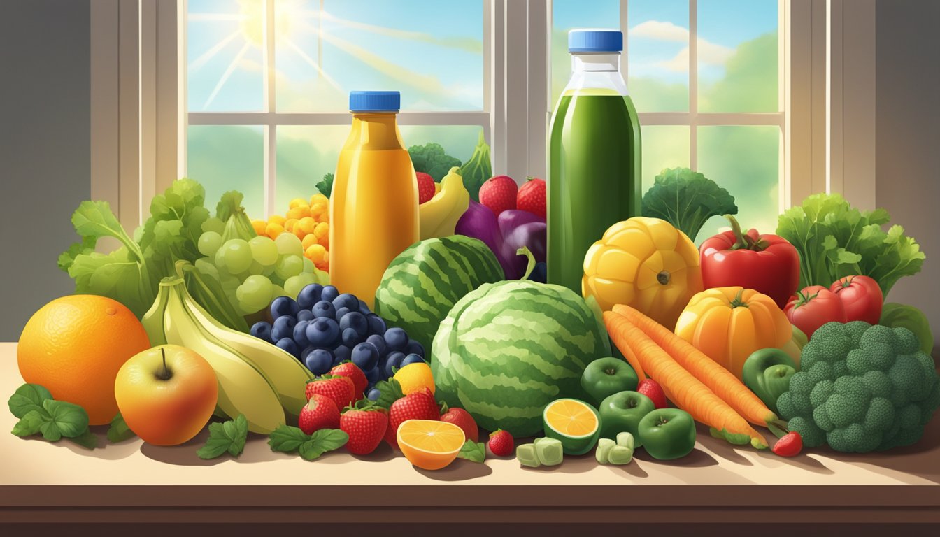 A vibrant assortment of fresh fruits and vegetables arranged around a bottle of vitamins, with sunlight streaming in through a window