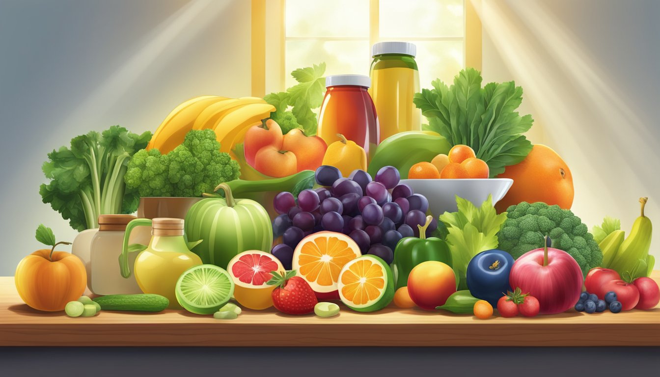 A colorful array of fruits, vegetables, and supplements arranged on a table, surrounded by a beam of light to symbolize the absorption of vitamins