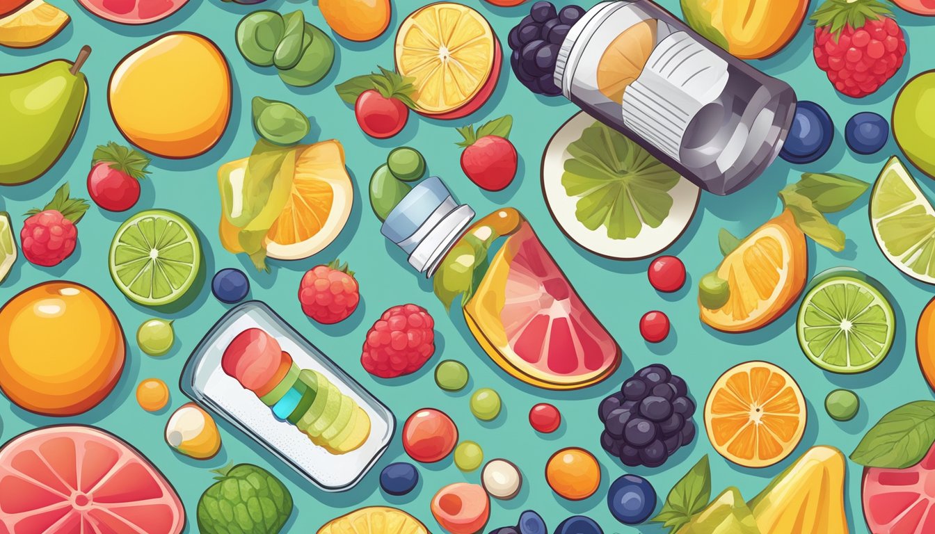 A colorful array of various fruits and vitamins arranged around a bottle of gummy supplements, with a magnifying glass highlighting the nutritional information