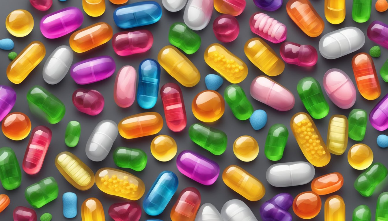 A vibrant and inviting display of colorful vitamin supplement gummies arranged in an organized and appealing manner, with clear labeling and dosage information