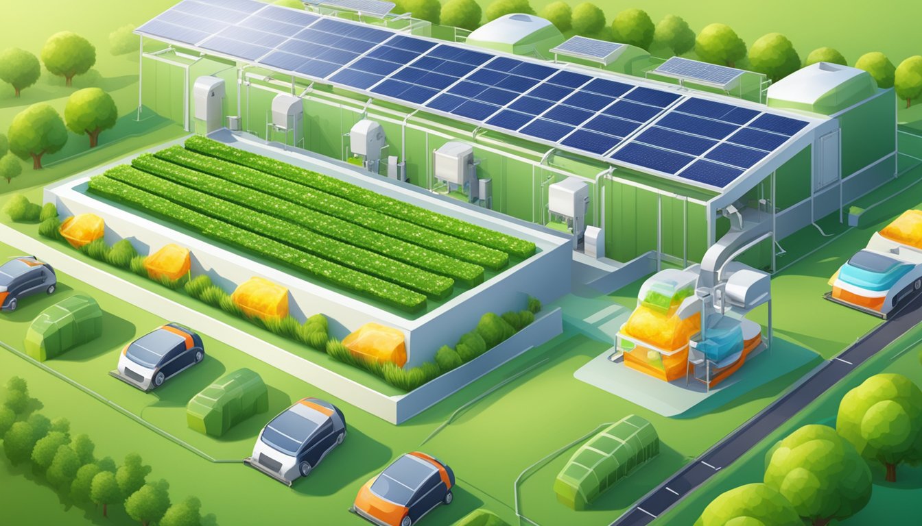 A modern gummy vitamin production line with eco-friendly equipment and packaging, surrounded by lush green fields and solar panels