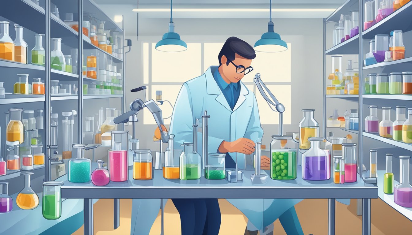 A laboratory setting with various vitamin supplements and scientific equipment, with researchers analyzing data and discussing findings