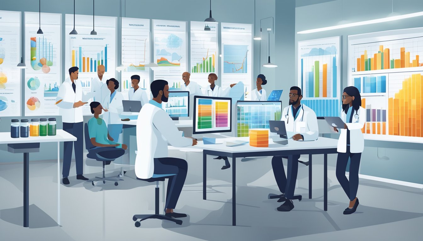 A diverse group of health care professionals reviewing data charts and graphs related to vitamin supplements in a modern research lab