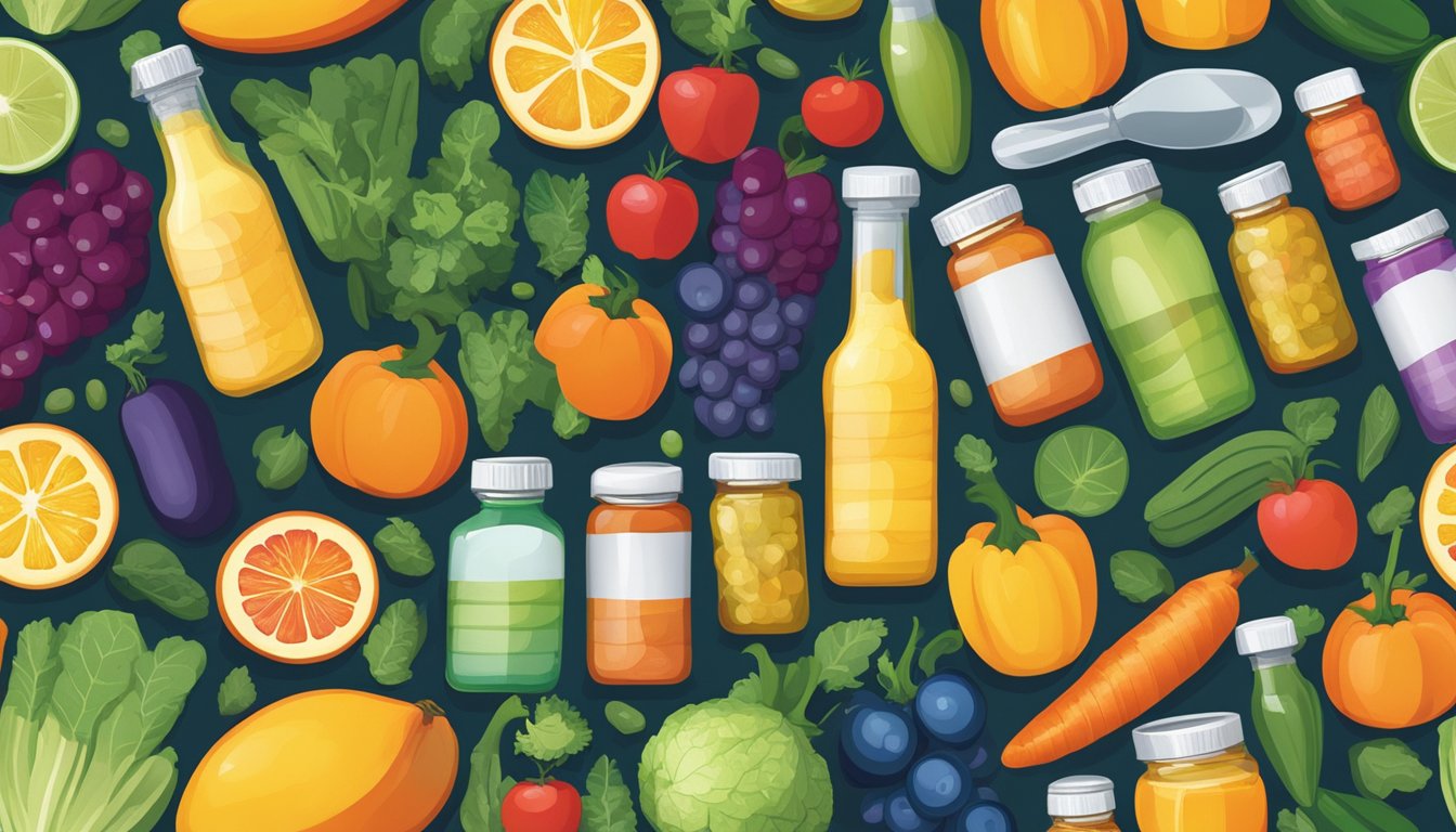 A colorful array of vitamin bottles surrounded by various fruits and vegetables, with a magnifying glass highlighting the intricate details of each supplement