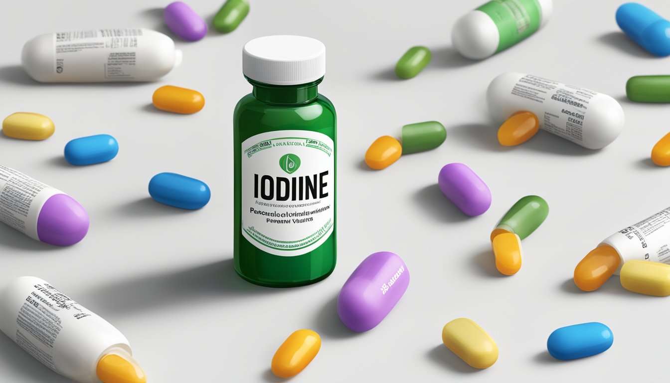 A bottle of iodine and a variety of prenatal vitamins on a clean, white surface