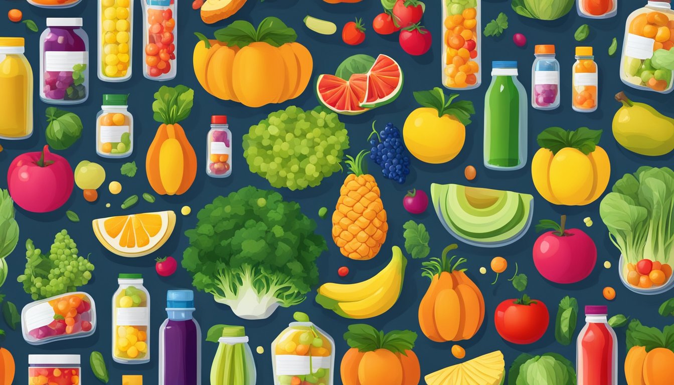 A vibrant display of various fruits and vegetables bursting with color and vitality, surrounded by bottles of vitamin supplements