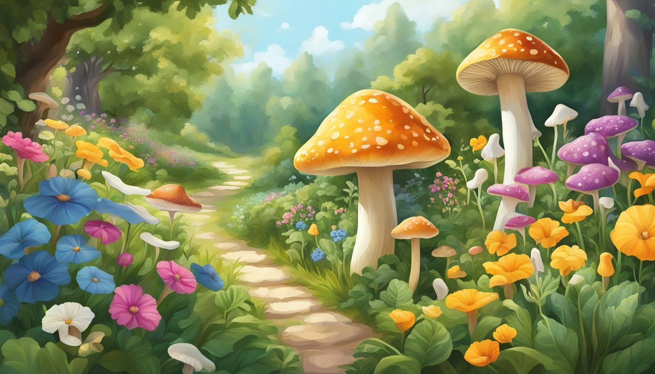 A vibrant, sunlit garden with lush greenery and blooming flowers, featuring a zinc-rich harvest and vitamin D-rich mushrooms growing together in harmony