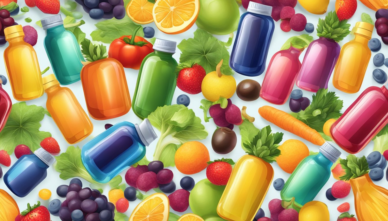 A vibrant display of colorful bottles and capsules bursting with energy and vitality, surrounded by fresh fruits and vegetables