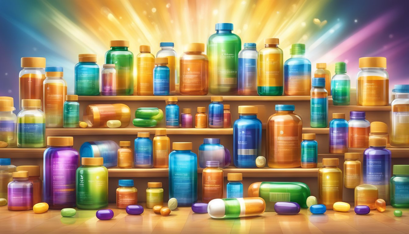 A vibrant display of assorted vitamin bottles surrounded by glowing rays of light, symbolizing the power and effectiveness of the supplements for optimal health