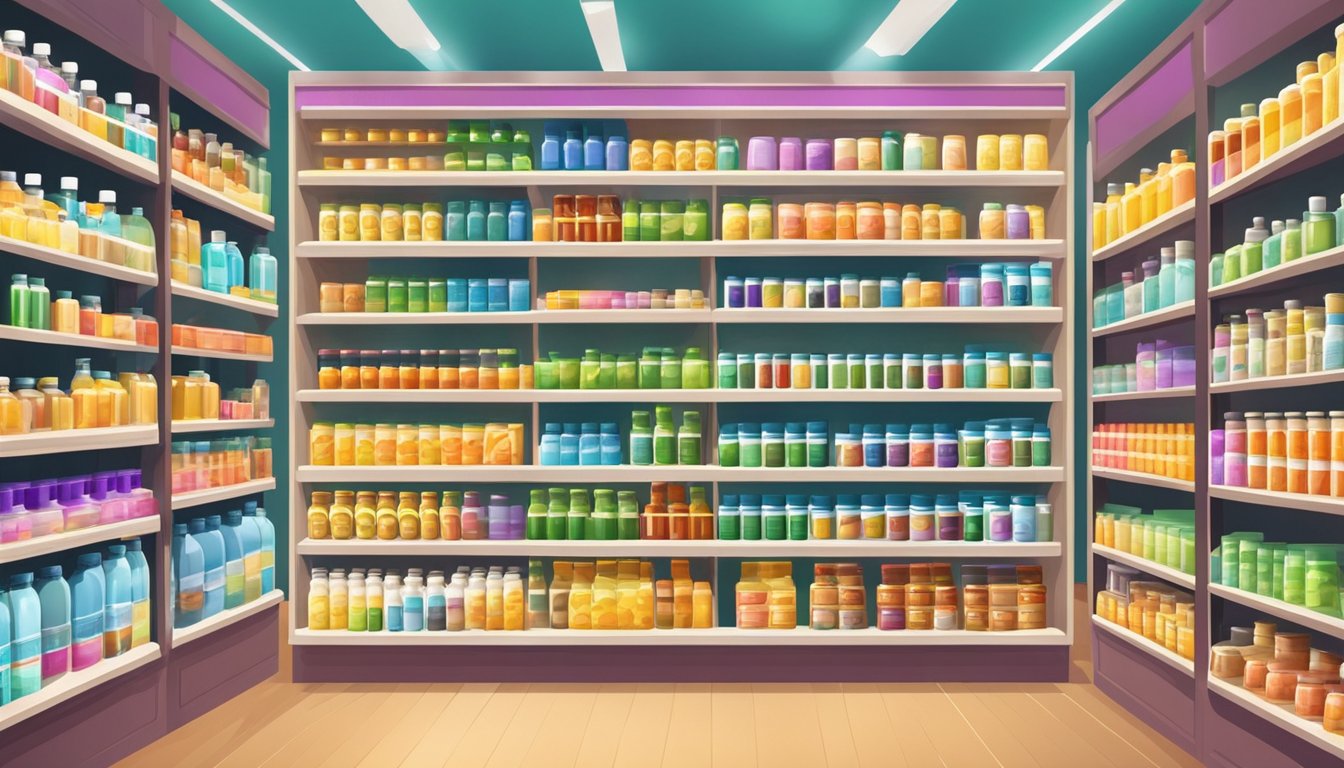 A colorful display of various vitamin bottles and supplements arranged neatly on shelves in a bright and inviting supplement shop