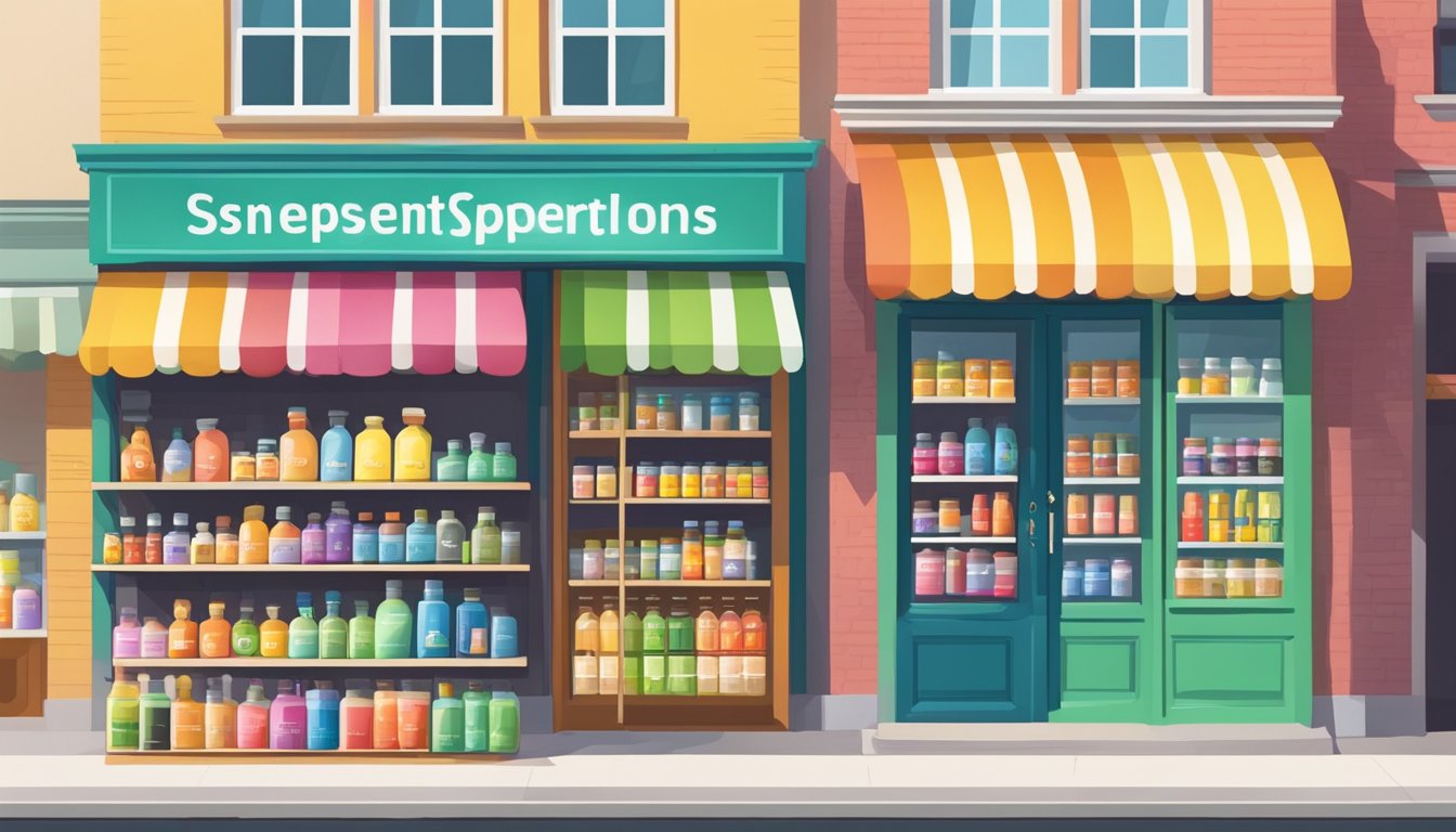 A colorful storefront with a variety of vitamin bottles displayed in a neatly organized manner. A sign advertises "Personalized Supplement Recommendations" and "Top Rated Supplement Shops in Your Neighborhood."