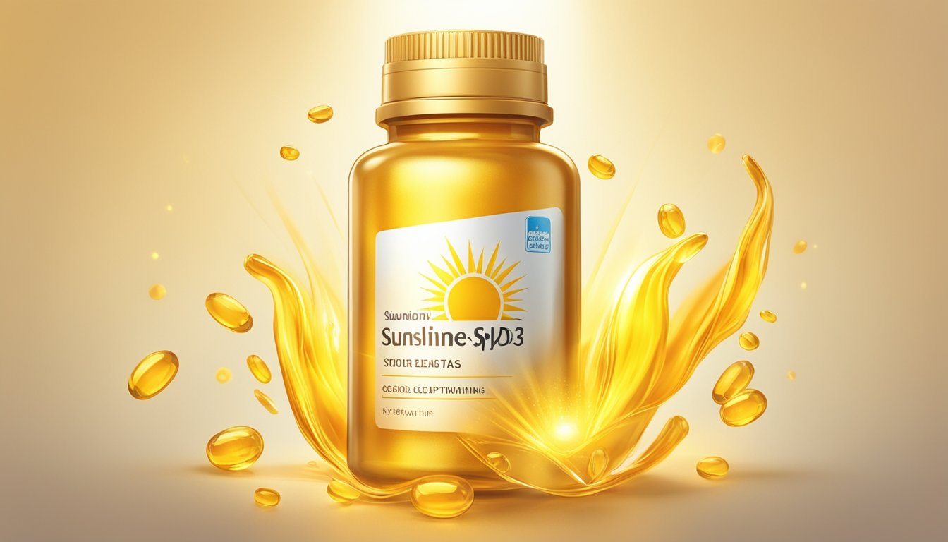 A clear bottle of sunshine spills out, releasing vibrant rays of golden light, symbolizing the power of Vitamin D3 supplements