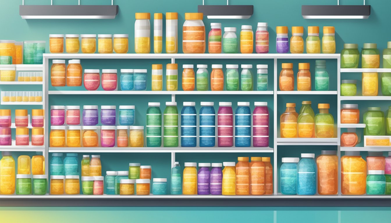 A shelf filled with neatly arranged vitamin products in a bright, modern supplement shop. A Quality Assurance seal is prominently displayed on the packaging