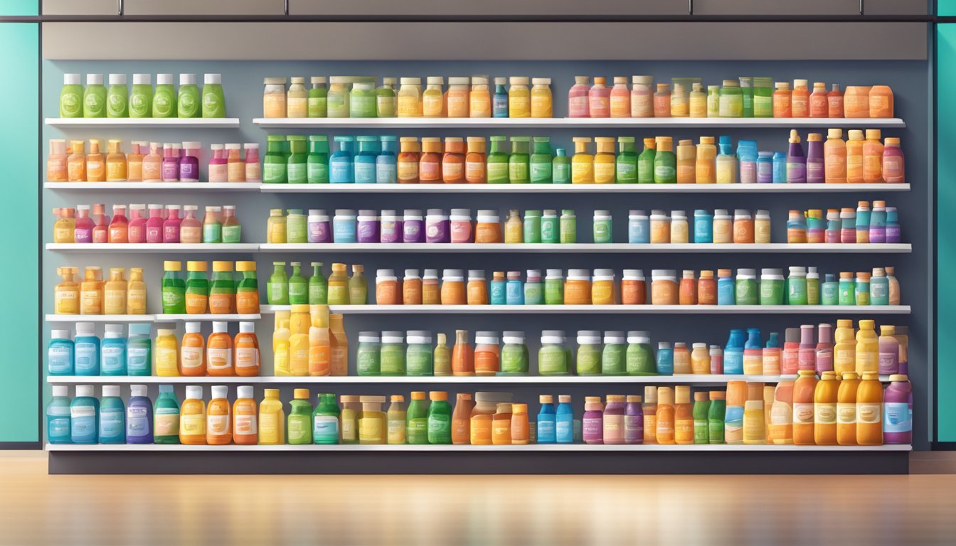 A colorful display of various vitamin bottles and supplement products in a well-lit, modern storefront