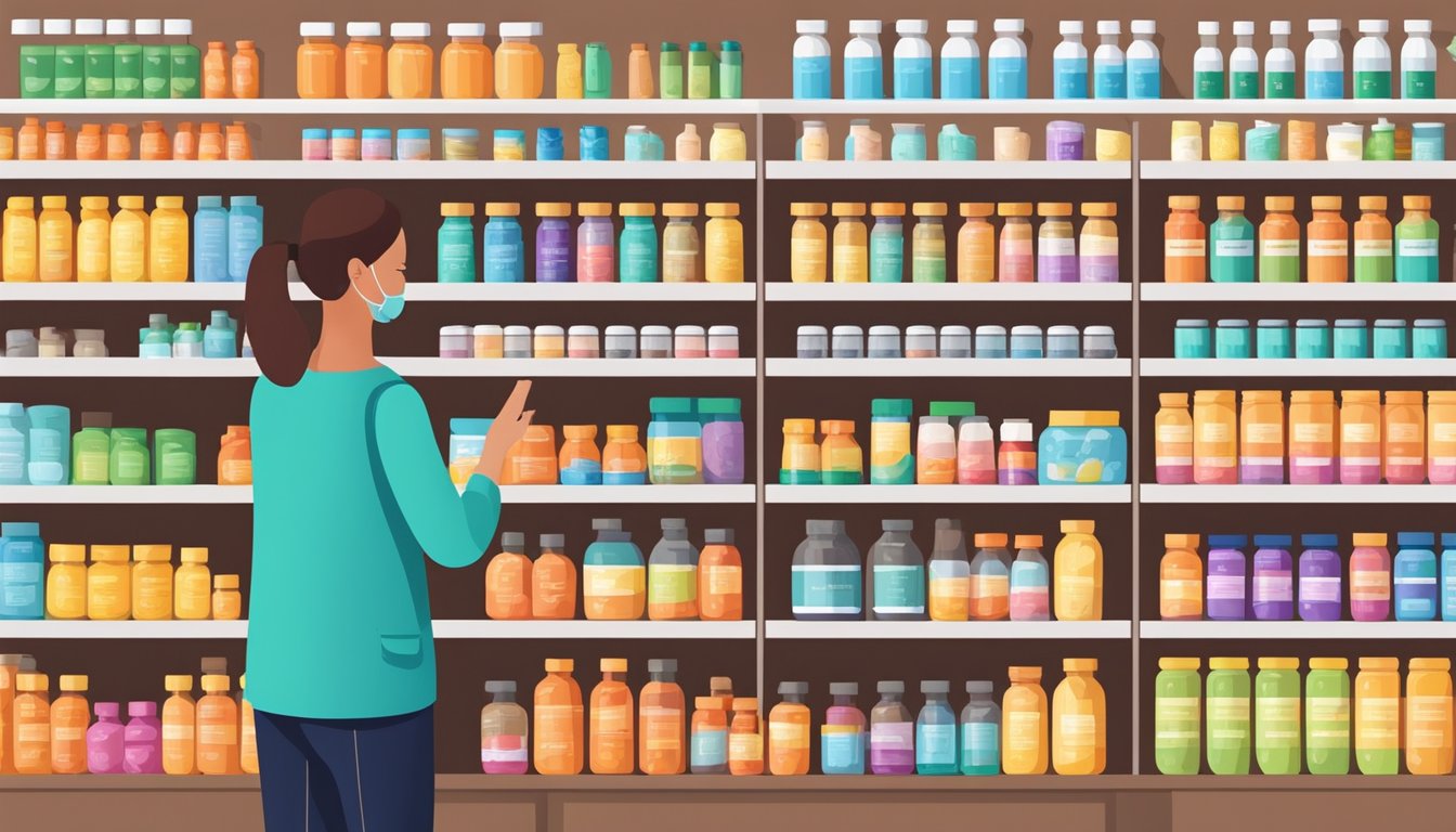 Customers browsing colorful shelves of vitamins and supplements, with helpful staff providing personalized recommendations