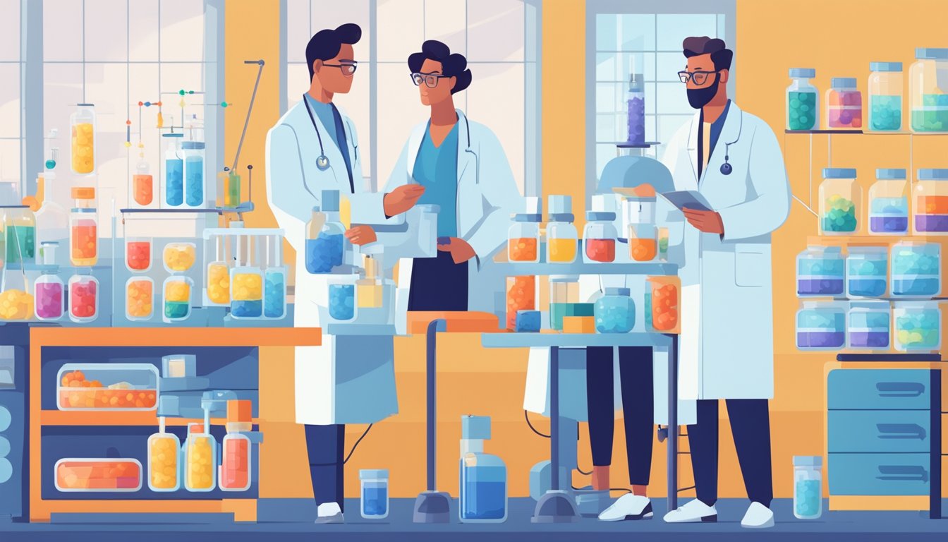 A laboratory setting with scientists conducting experiments on vitamin supplements, surrounded by charts and graphs displaying conflicting data