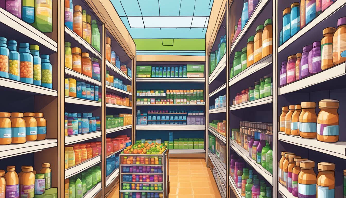 A colorful display of various vitamin bottles on shelves, with bright signage indicating "Top Rated Supplement Shops" in a bustling neighborhood