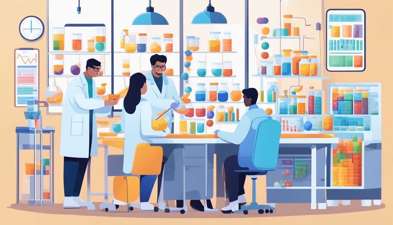 A laboratory setting with scientists conducting experiments on various vitamin supplements, surrounded by charts and graphs depicting new research findings