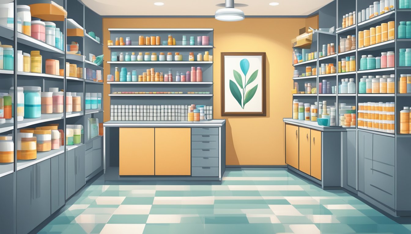 A doctor's office with shelves of prescription medication and vitamin supplements, a heart health poster on the wall