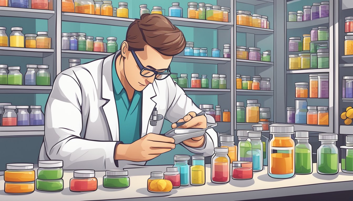 A scientist carefully analyzing vitamin supplement ingredients and side effects for quality assurance and regulation