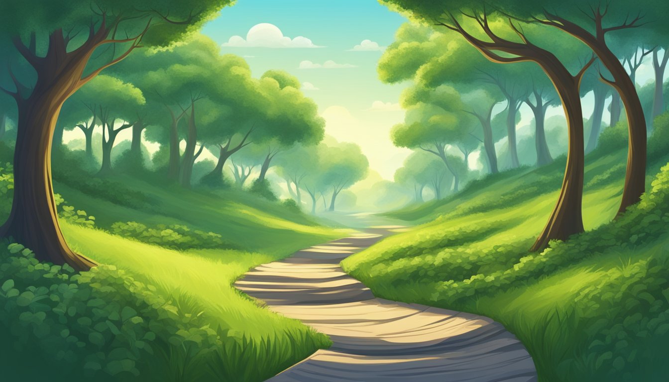 A serene forest with a winding path leading to a heart-shaped tree, surrounded by vibrant greenery and a clear blue sky