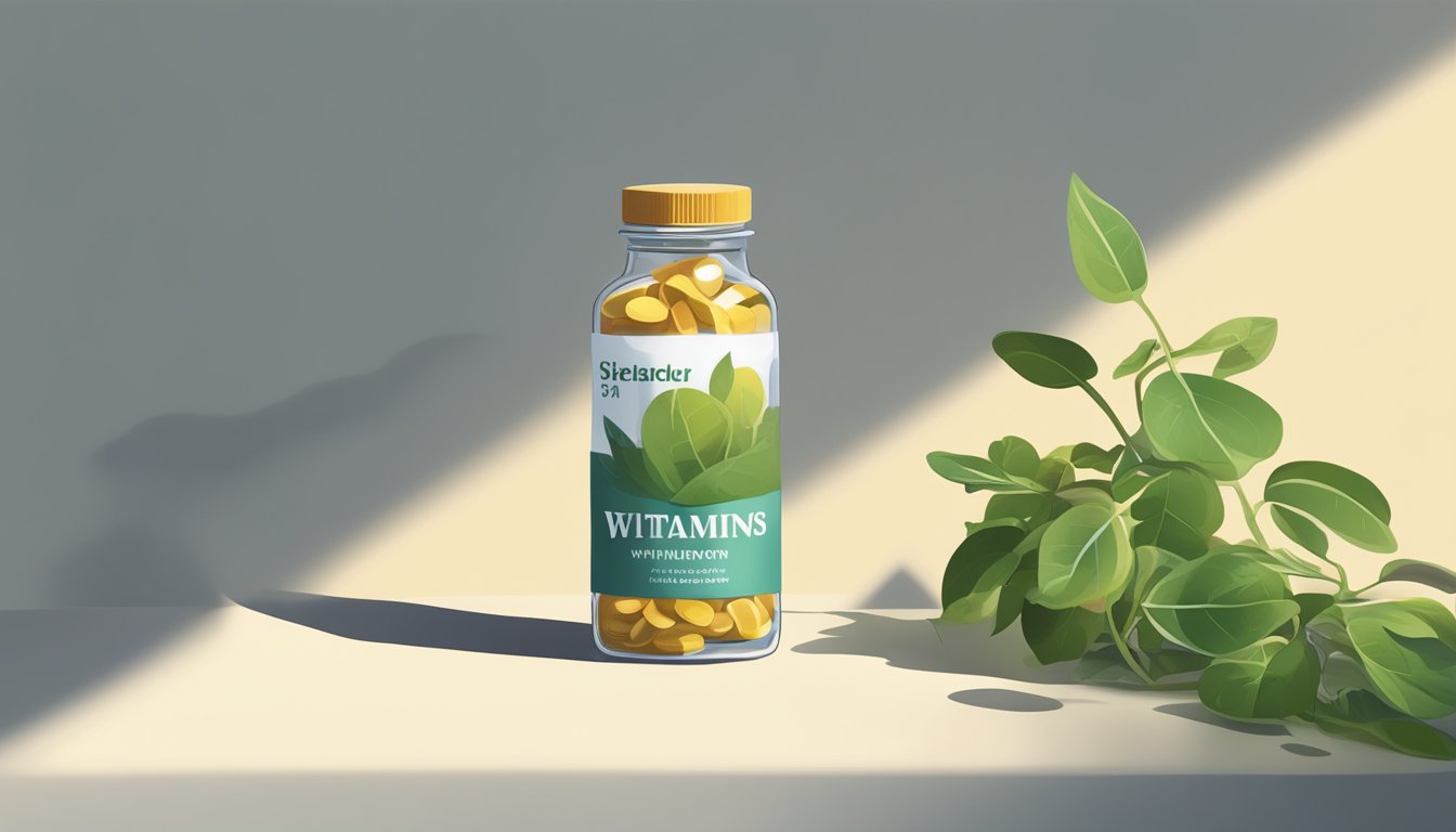 A bottle of vitamins casting a shadow over a wilted plant