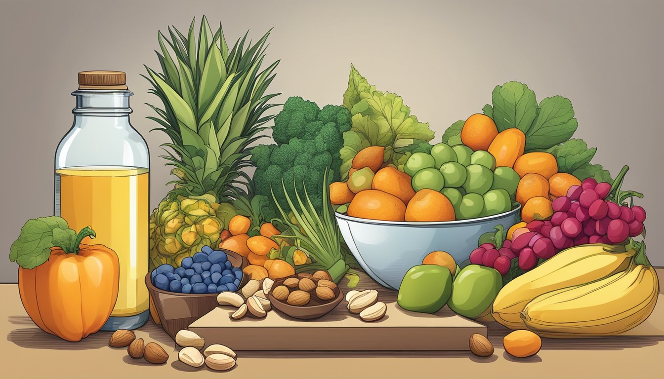 A table with various fruits, vegetables, and nuts arranged next to a bottle of vitamin supplements. A scale nearby symbolizes the balancing of benefits and risks