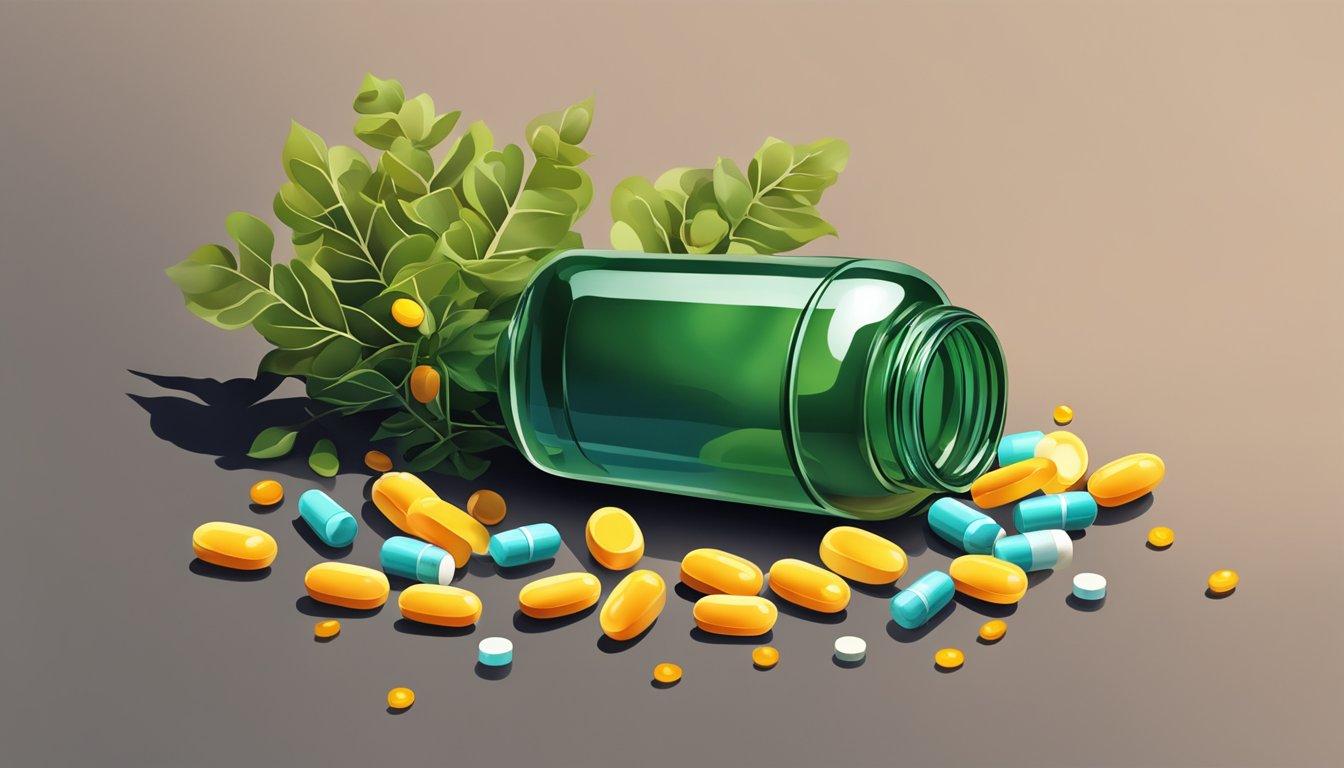 A bottle of vitamins overflowing with pills, casting a shadow over a wilted plant