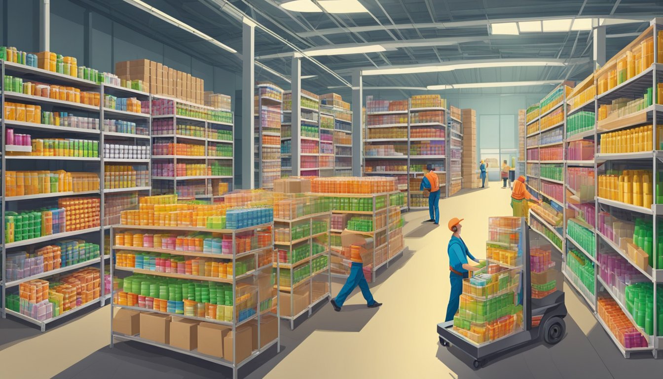 A warehouse filled with shelves stacked high with colorful bottles of various vitamin supplements, with workers busy organizing and packaging the products for wholesale distribution