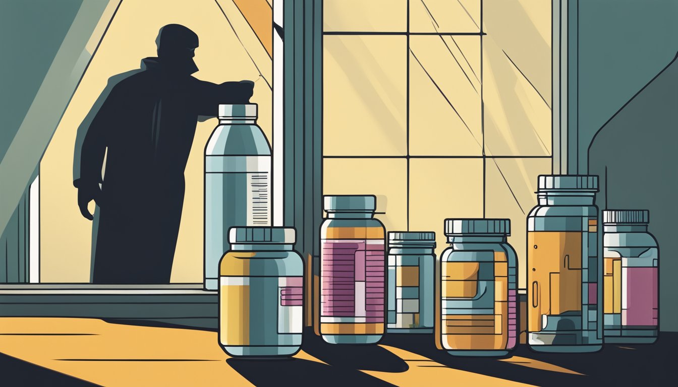 A shadowy figure looms over a bottle of vitamins, casting a foreboding presence as the supplements inside appear to morph into menacing shapes