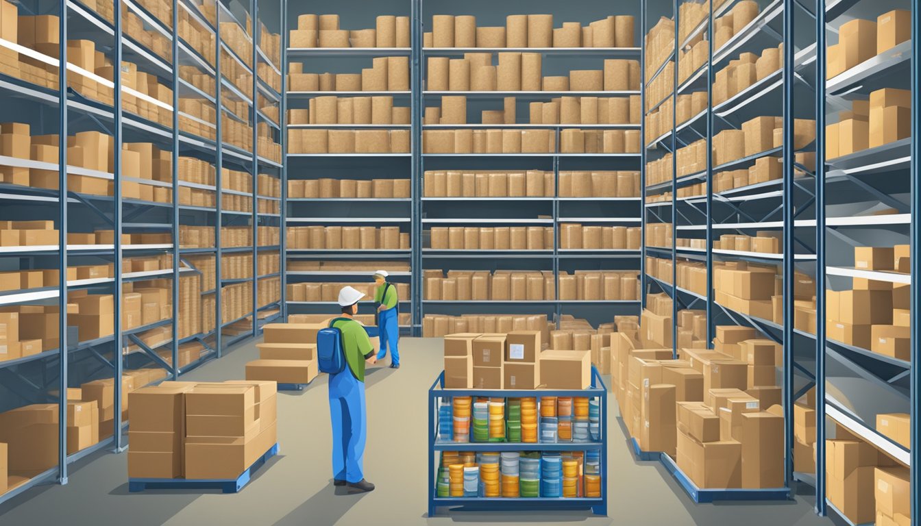 A warehouse filled with shelves of neatly organized vitamin supplements, with workers packaging and shipping orders for wholesale distribution