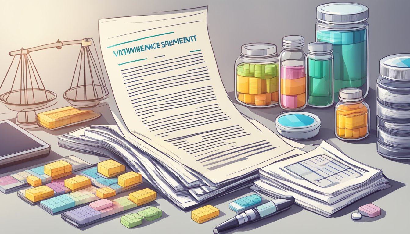 A stack of legal documents and compliance standards surrounded by vitamin supplement products and a profit chart