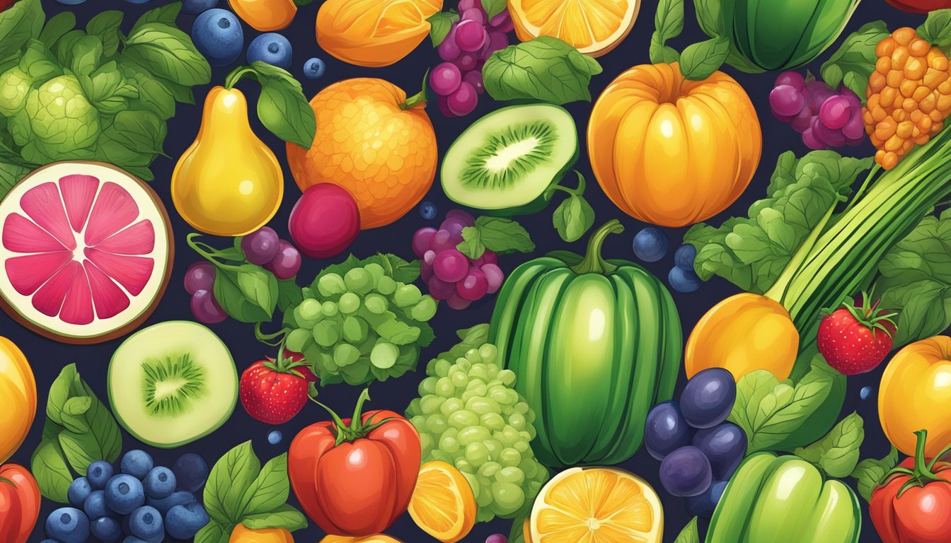 A vibrant array of fruits and vegetables bursting with color and nutrients, surrounded by glowing beams of light