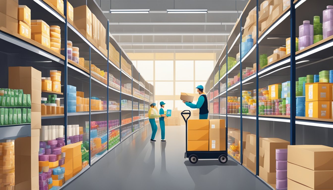 A warehouse filled with shelves stocked with various vitamin supplements, with workers packaging and shipping orders to retailers