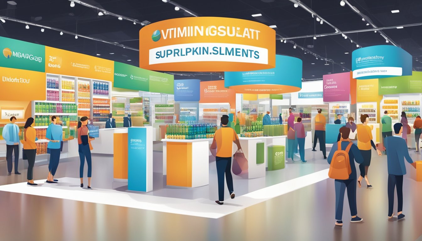 A bustling trade show floor with colorful banners and product displays showcasing various vitamin supplements. Sales representatives engage with potential buyers, demonstrating marketing techniques to unlock profits