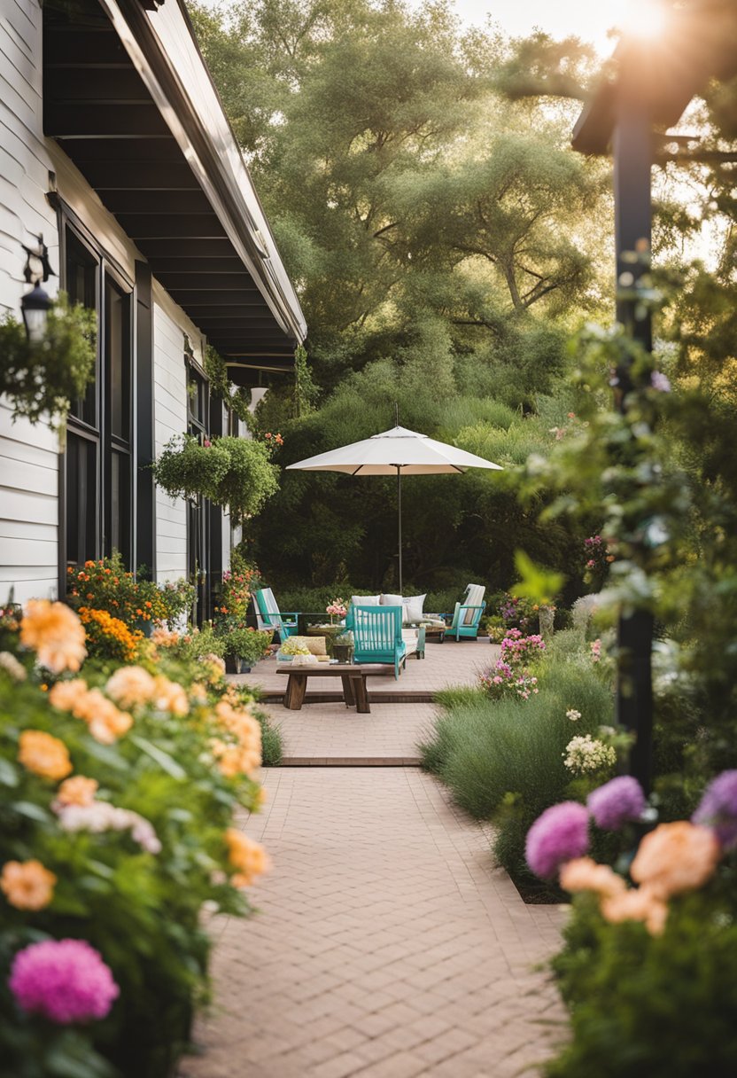 A row of 10 vacation rentals with various outdoor spaces in Waco, including patios, decks, and gardens, surrounded by lush greenery and colorful flowers