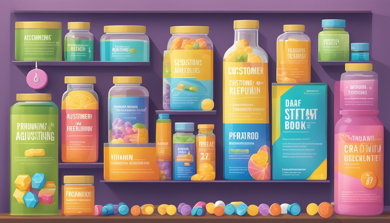 A colorful display of vitamin supplements with a "Customer Acquisition and Retention unlocking profits" guidebook prominently featured